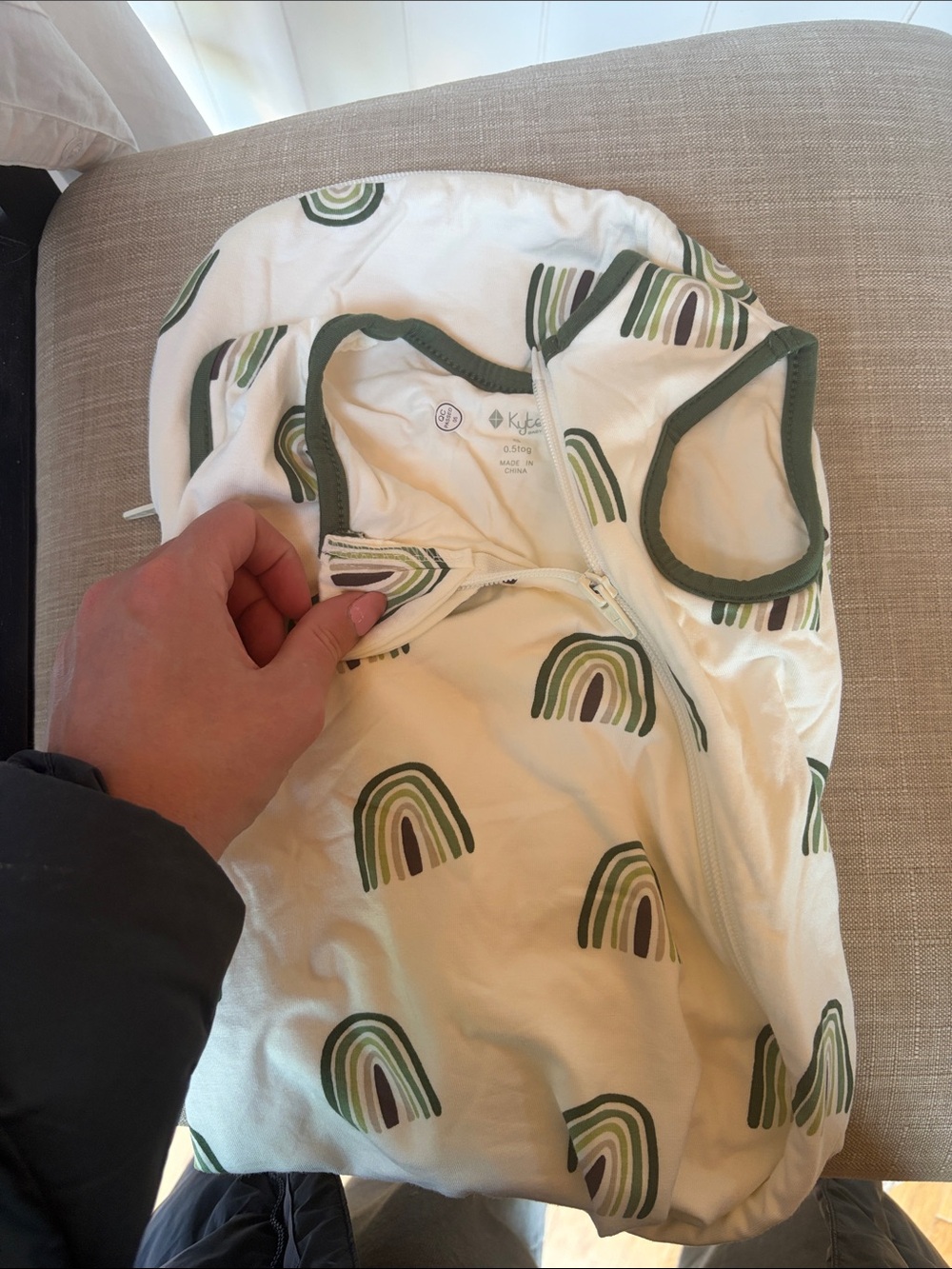 Kyte BABY Cream Swaddle with Green Rainbow Print